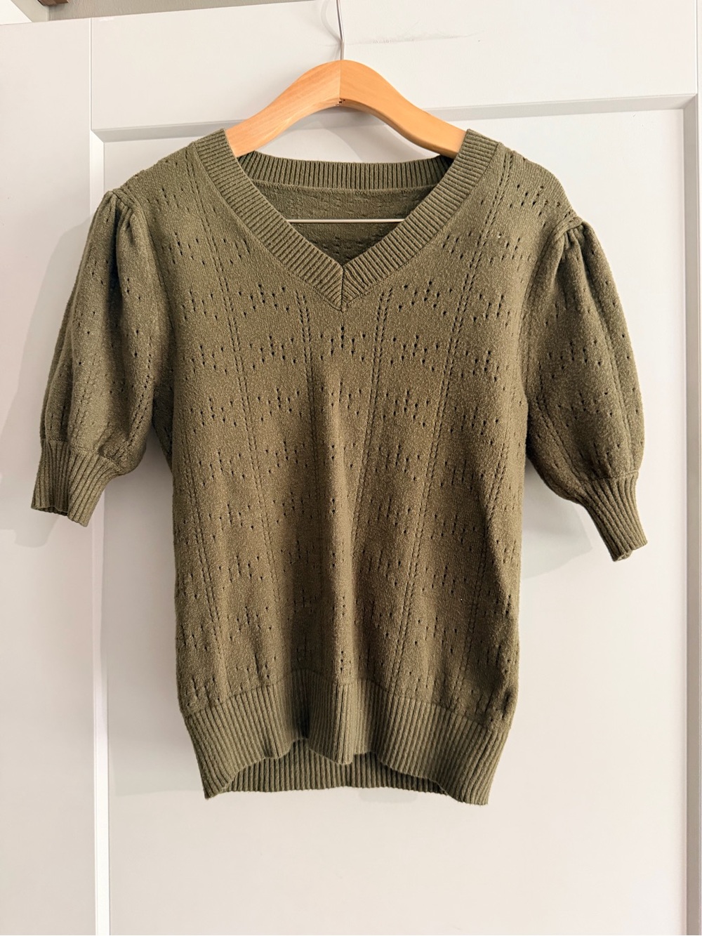 Olive Knit V-Neck Short Sleeve Sweater